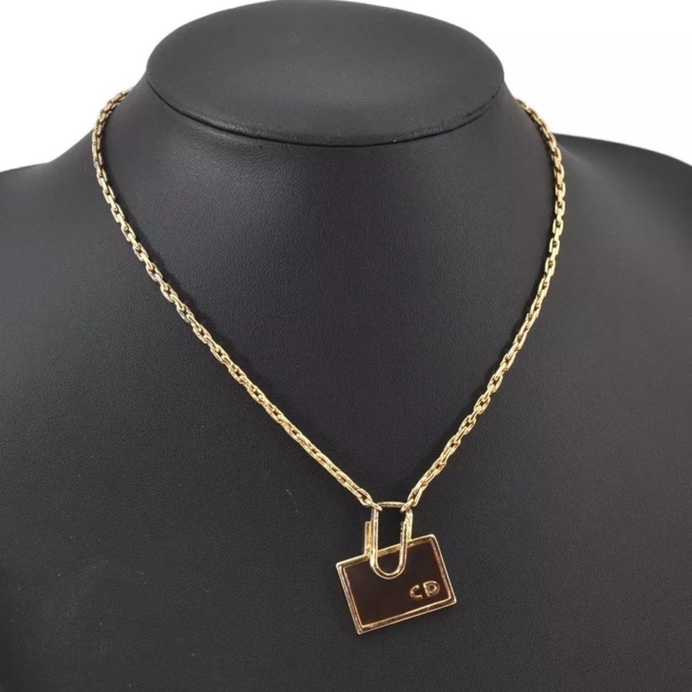 Christian Dior Gold Necklace with Brown Enamel Detail Pendant